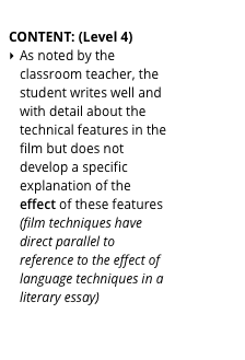 &#10;CONTENT: (Level 4)&#10;As noted by the classroom teacher, the student writes well and with detail about the technical features in the film but does not develop a specific explanation of the effect of these features (film techniques have direct parallel to reference to the effect of language techniques in a literary essay)