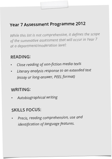 
Year 7 Assessment Programme 2012

While this list is not comprehensive, it defines the scope of the summative assessment that will occur in Year 7 at a department/moderation level:

READING:
Close reading of non-fiction media texts
Literary analysis response to an extended text (essay or long-answer, PEEL format)

WRITING:
Autobiographical writing

SKILLS FOCUS:
Precis, reading comprehension, use and identification of language features.





