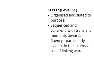 
CONTENT: (Level 4)
Consistent reference to specific evidence.
The content explores the scene as a chronology which makes sense for a film scene analysis
The essay sustains interest and demonstrates clearly the writer&rsquo;s engagement with the film