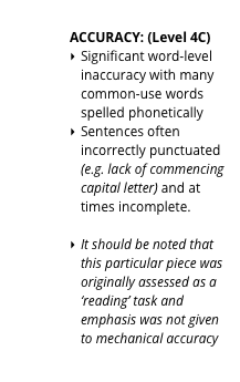 
CONTENT: (Level 4)
As noted by the classroom teacher, the student writes well and with detail about the technical features in the film but does not develop a specific explanation of the effect of these features (film techniques have direct parallel to reference to the effect of language techniques in a literary essay)